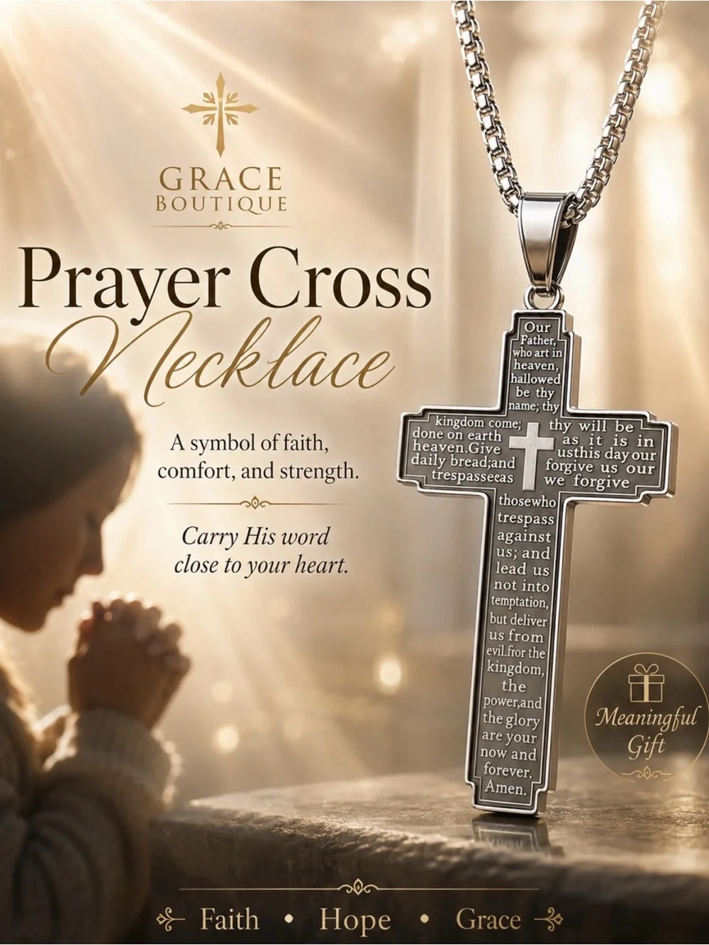 Grace Boutique Prayer Cross Necklace - Silver Cross on Silver Chain